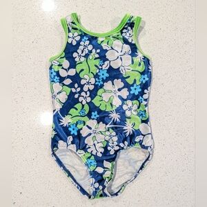 CUTE GK Elite Medium Gymnastics Dance Leotard Green Blue Velour HAWAIIAN FLORAL